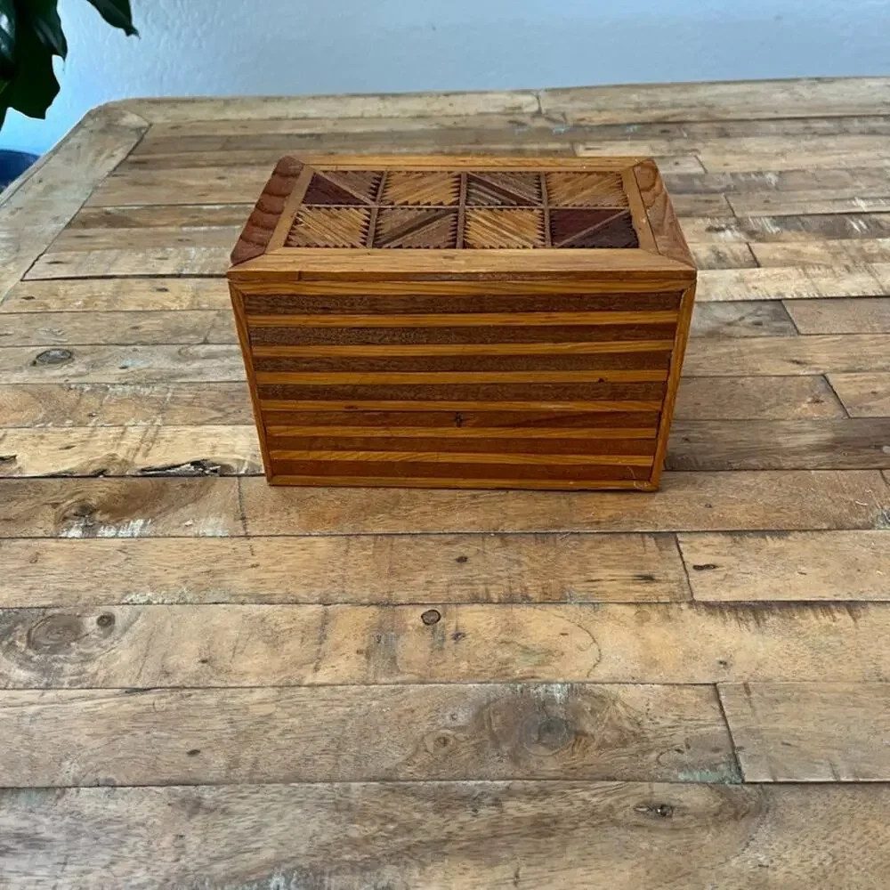 Handmade Vintage Jewelry Box Trinkets Folk Art Inlay Two Drawer Wooden 8.5